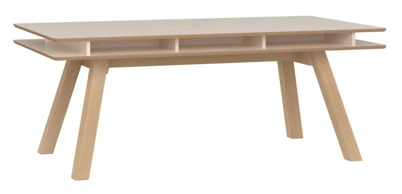 Table de salle à manger / Couleur : Beige / Chêne / Dimensions : 200 x 100 cm / Niche pour fleurs ou herbes fraîches / Pieds : Pin teinté et verni / Design moderne