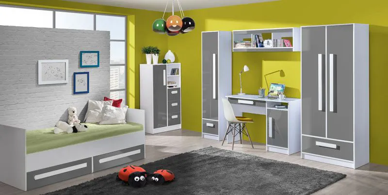 Chambre complète ado/enfant Walter 6 pièces | Gris brillant & Blanc | Rangement optimisé