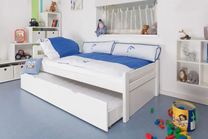 Lit enfant / lit junior "Easy Premium Line" K1/2h incl. 2ème couchette et 2 panneaux de recouvrement, 90 x 200 cm bois de hêtre massif laqué blanc