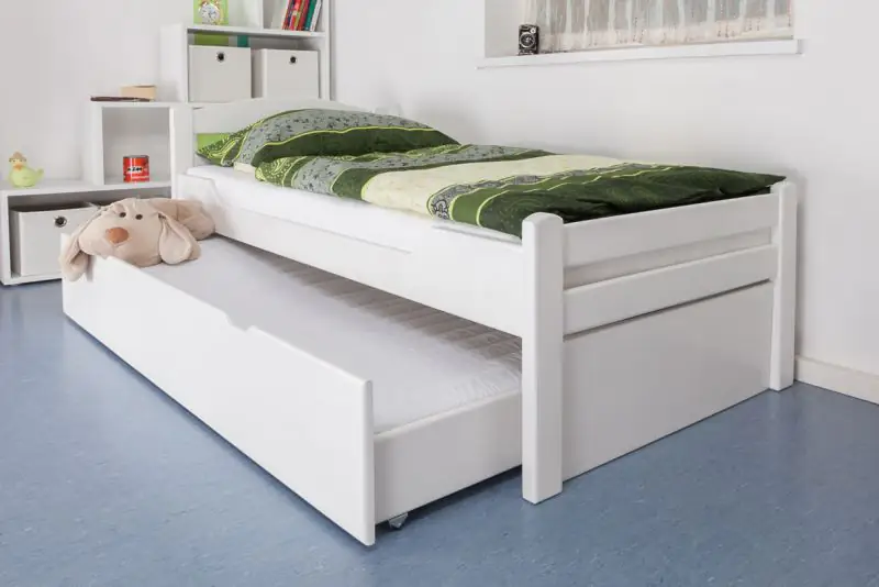 Lit simple / lit d'appoint "Easy Premium Line" K1/2h incl. 2ème couchette et 2 panneaux de recouvrement, 90 x 200 cm bois de hêtre massif laqué blanc
