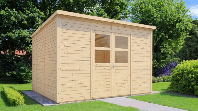 Abri de jardin Borchen 01 avec plancher, naturel - Cabane en éléments de 19 mm, surface au sol : 9,77 m², toit plat, double porte avec verre de sécurité