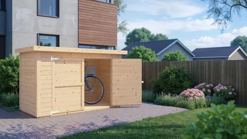 Abri de jardin Kesten 01 avec plancher, garage à vélos, naturel - Surface : 2,11 m², Toit plat, Double porte en bois massif