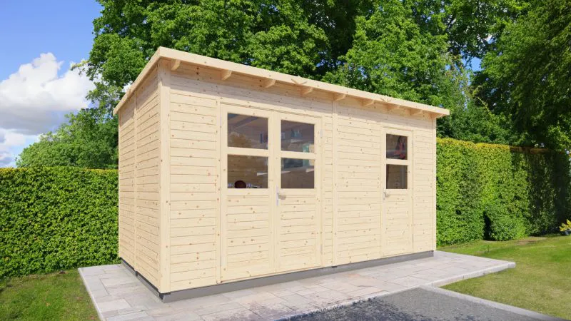 Abri de jardin Warstein 01 avec plancher, naturel - en éléments de 19 mm, surface au sol : 10,48 m², toit plat, double porte et porte simple avec verre de sécurité