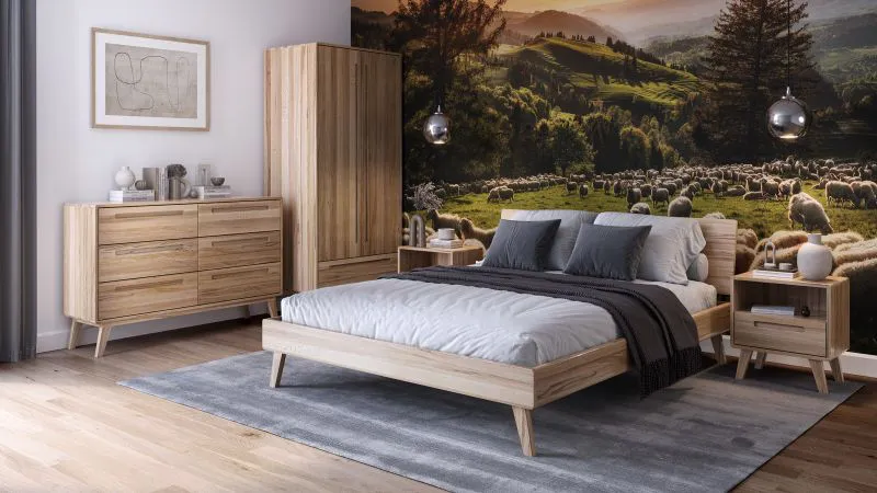 Ensemble de chambre à coucher C Engordany / 5 pièces / Couleur : Hêtre / Hêtre massif / Laqué / 2 tables de chevet / 1 lit double / 1 commode / 1 armoire / Design intemporel