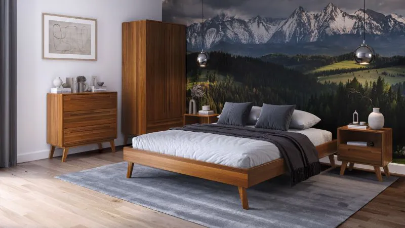 Ensemble de chambre à coucher I Engordany / 5 pièces / Couleur : Chêne rustique / Hêtre massif / laqué / 2 tables de chevet / 1 lit double / 1 commode / 1 armoire / Finition haut de gamme