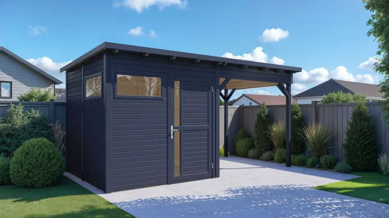Abri de jardin Kiel 02 avec toit rapporté, plancher inclus, abri de jardin, Anthracite - en éléments de 19 mm, Surface au sol : 10,51 m², Toit plat