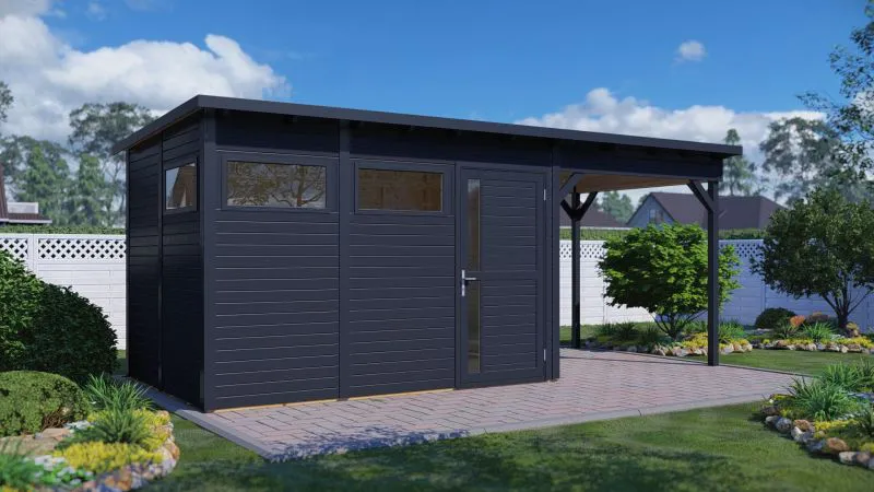 Abri de jardin Kiel 03 avec toit rapporté, plancher inclus, abri de jardin en Anthracite - en éléments de 19 mm, Surface au sol : 13,08 m², Toit plat
