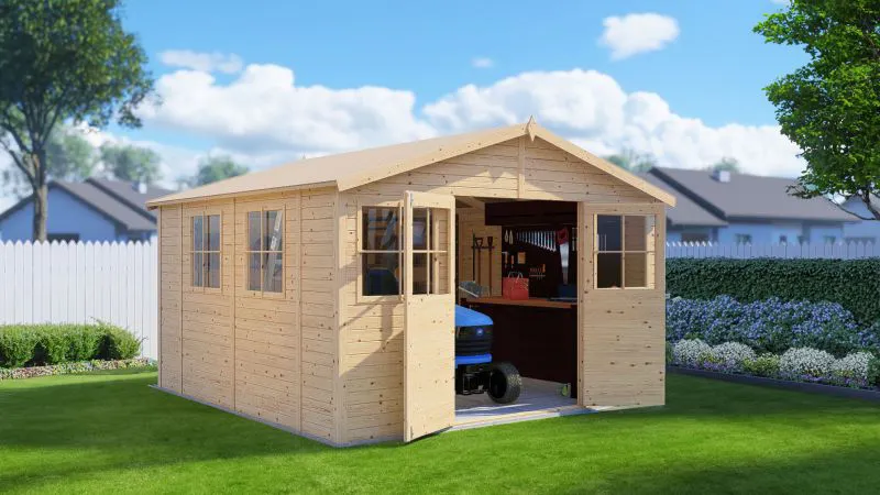 Abri de jardin avec beaucoup d'espace de rangement Freital 02, naturel, 3,5 x 3,5 mètres, abri de jardin avec Toit à deux versants, construction en éléments, 2 fenêtres ouvrantes