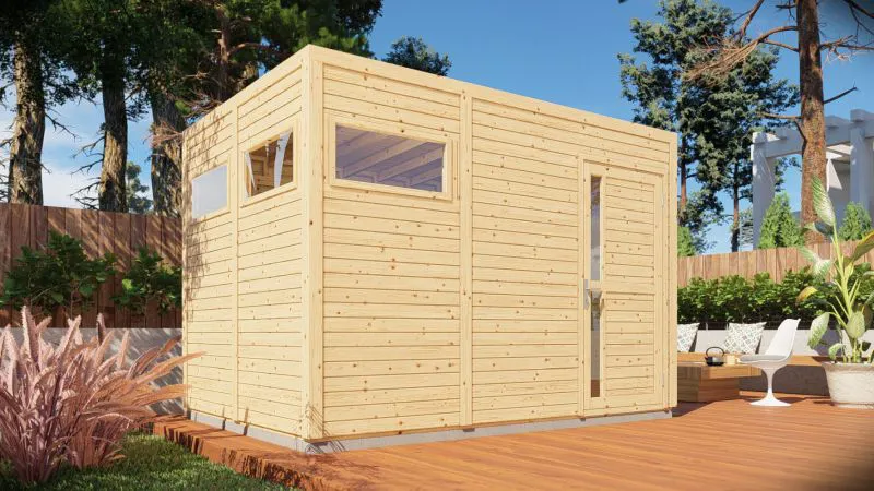 Abri de jardin Basel 03 avec plancher, naturel - en éléments de 19 mm, surface au sol : 7,70 m², toit plat