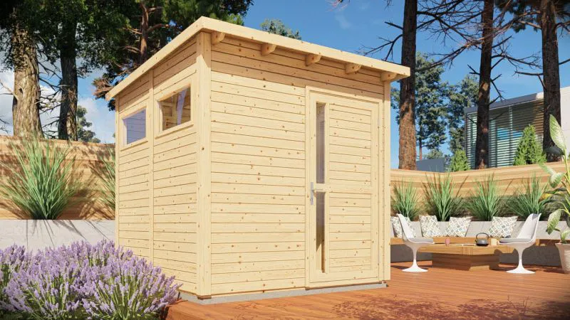 Abri de jardin Kiel 02 avec plancher, naturel - en éléments de 19 mm, surface au sol : 5,10 m², toit plat