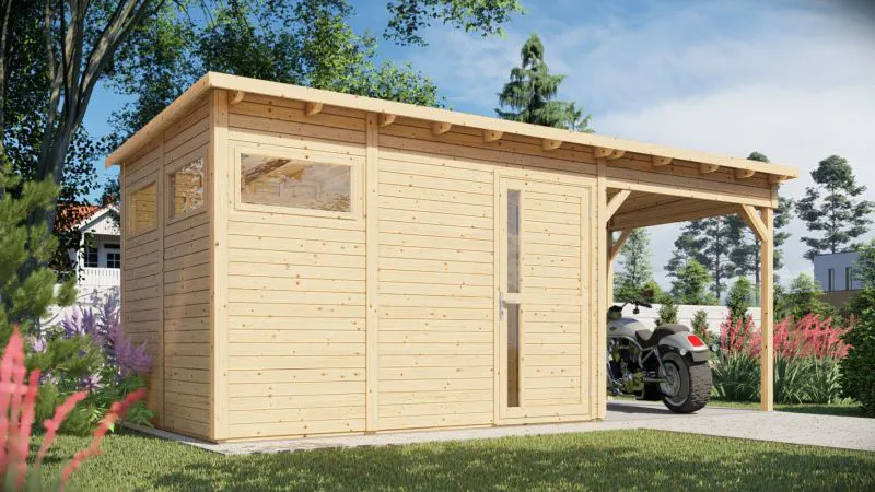 Abri de jardin Kiel 03 avec toit rapporté, plancher inclus, naturel - en éléments de 19 mm, surface au sol : 7,70 m², toit plat