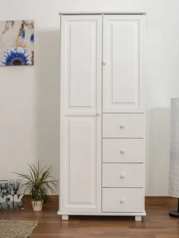 Armoire en bois de pin massif, laqué blanc 009 - Dimensions 190 x 80 x 60 cm (H x L x P)