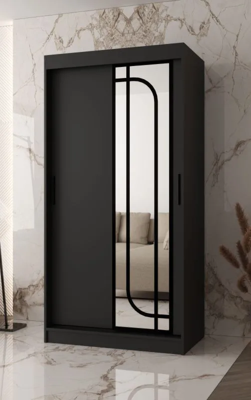 Armoire à portes coulissantes | Noir mat | 100 x 62 x 200 cm | 1 porte miroir | 2 tringles à vêtements | armoire étroite | 5 compartiments | Poignées : noires