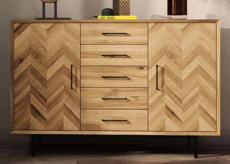 Commode en chêne sauvage massif huilé Kumeu 47 | 95 x 144 x 45 cm | Design premium, 2 portes, 5 tiroirs