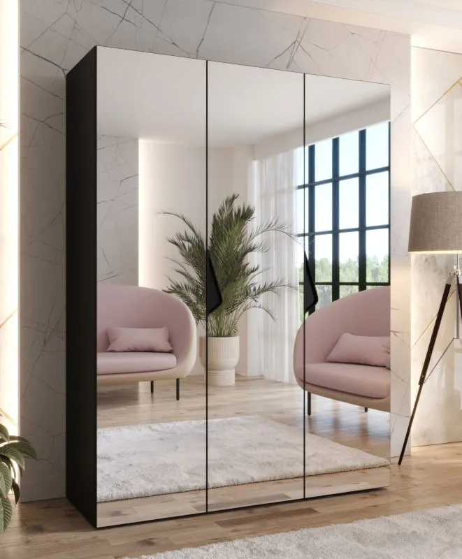 Armoire de chambre à coucher avec miroir / Couleur : Noir / Fonction soft-close / Poignées : Noir / Dimensions : 150 x 52 x 202 cm / 2 compartiments / Penderie / ABS / 2 tringles à vêtements
