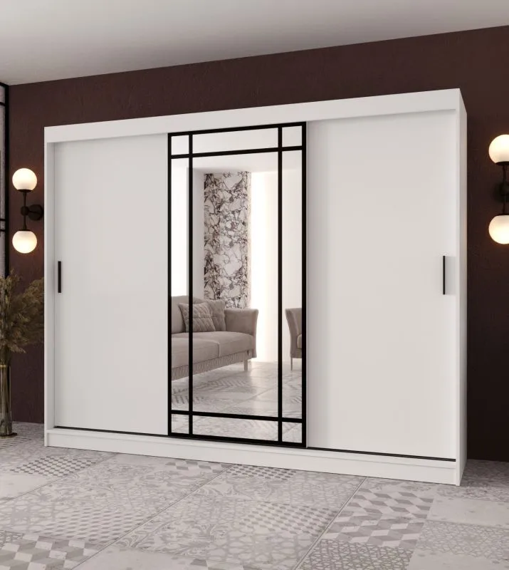 Armoire à portes coulissantes / Porte miroir décorative / Couleur : Noir mat / 2 tringles / Penderie / 10 compartiments / 250 x 62 x 200 cm / Durable et résistante