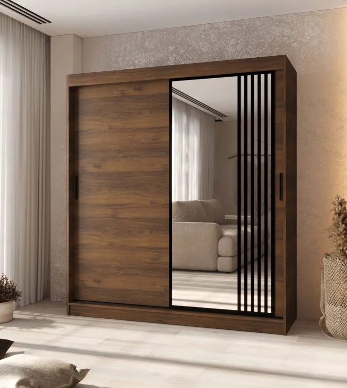 Penderie / 1 porte miroir / Couleur : Noyer Warmia / Finition haut de gamme / 180 x 62 x 200 cm / Armoire à portes coulissantes / 10 compartiments / 2 tringles à vêtements