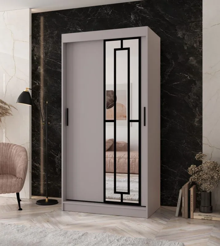 Armoire à portes coulissantes / Penderie à vêtements / Cachemire / 5 compartiments / 2 tringles / Étroite / 100 x 62 x 200 cm / Porte miroir décorative / Pour chambre à coucher
