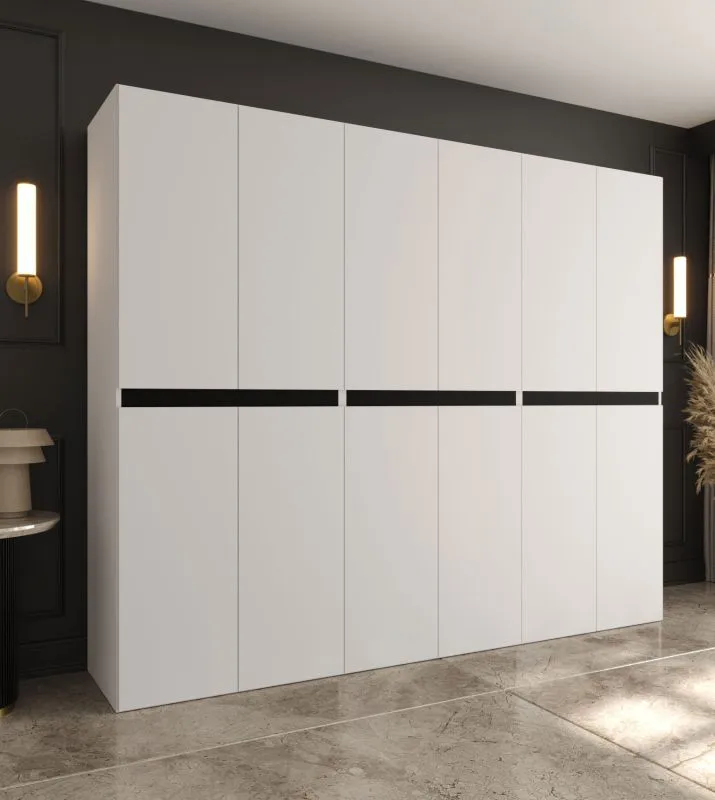 Armoire à portes battantes / Penderie / Blanche / 12 portes battantes / 9 compartiments / 3 tringles / 240 x 52 x 203 cm / Finition haut de gamme / Système de fermeture Soft-Close