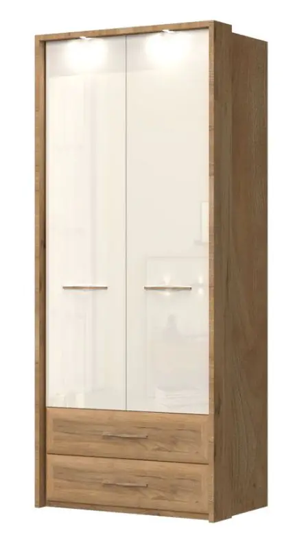 Armoire à portes battantes / Penderie avec cadre LED Gataivai 52, Couleur : Beige brillant / Noyer - Dimensions : 224 x 92 x 56 cm (H x L x P)