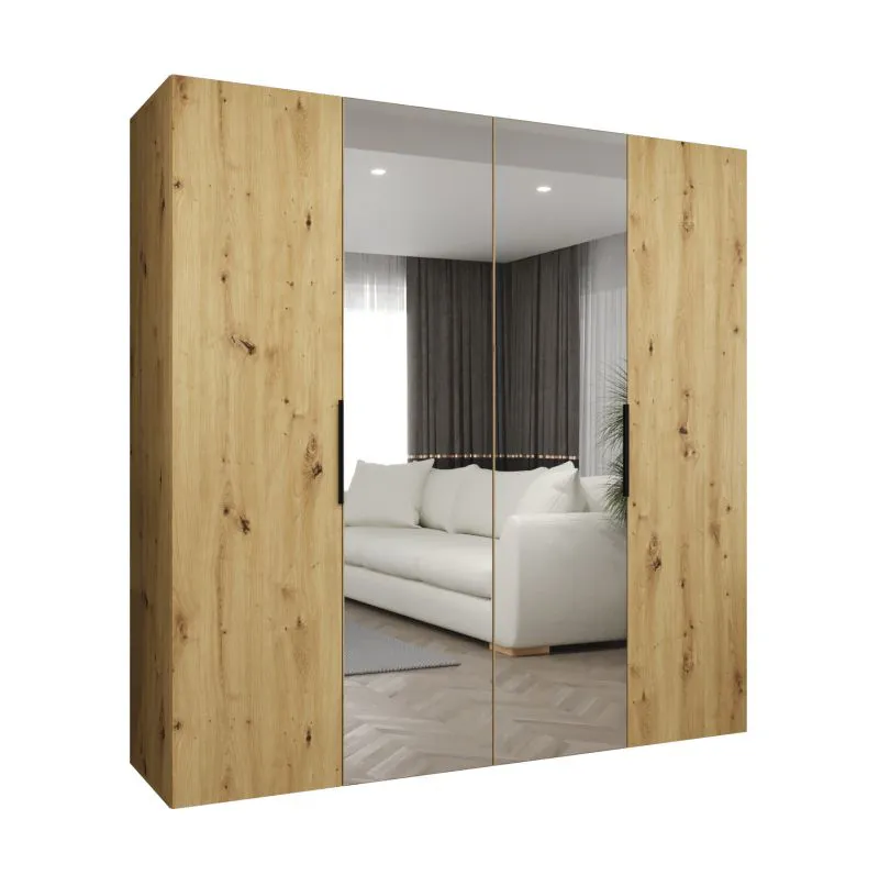 Armoire penderie 2 portes miroir Korab 78 | Chêne artisan | 2 m | Soft-Close | Poignées noires