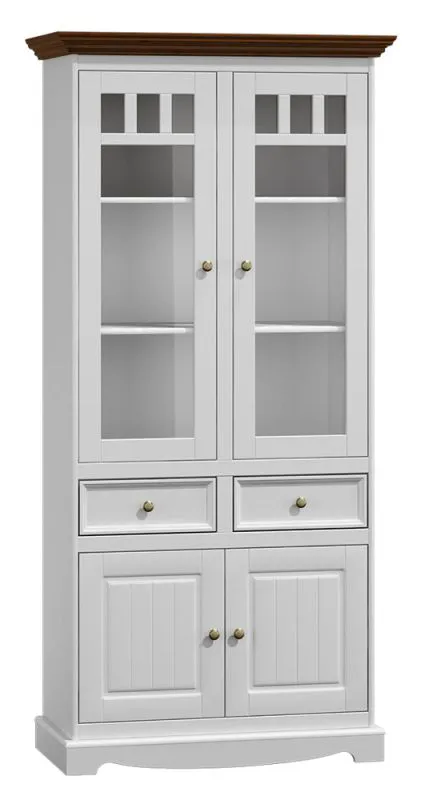 Vitrine Gyronde 15 | Pin massif blanc et noyer | 190 x 90 x 45 cm | Style campagne élégante