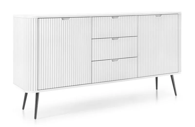 Commode blanche Makreb 07 à 3 tiroirs, 87 x 168 x 39 cm, pieds en métal noir, façade sculptée, fermeture en douceur, 4 compartiments, 2 portes, ABS