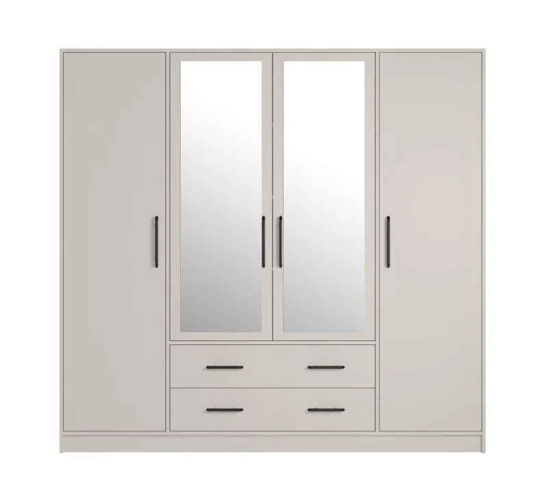 Armoire Hannut 11 | Cachemire | 4 portes dont 2 miroirs | 2 tiroirs | 190 x 200 x 56 cm | 5 étagères bois