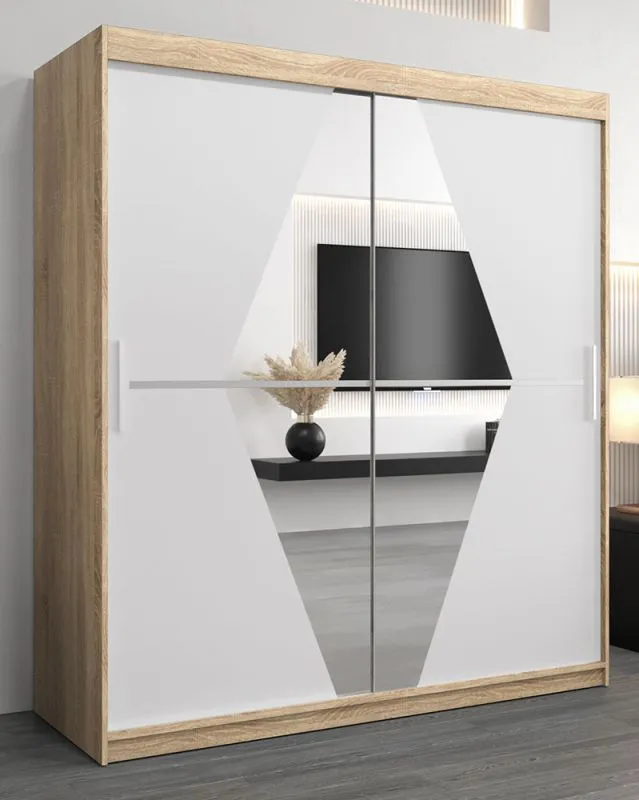 Armoire penderie à portes coulissantes avec miroir Alphubel 04 | chêne Sonoma / blanc mat | 200 x 180 x 62 cm