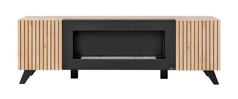 Meuble TV Nordkapp 05, Couleur : Hickory Jackson / Noir - Dimensions : 52 x 160 x 45 cm (H x L x P), avec deux compartiments et une bio-cheminée noire