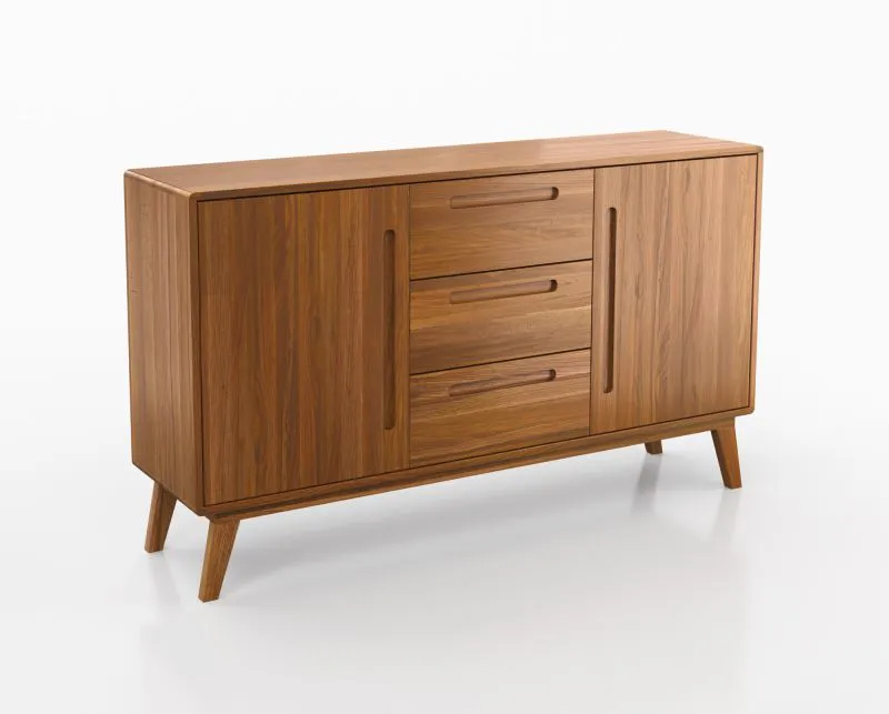 Buffet design Engordany 03 | Hêtre massif laqué | Chêne rustique | 2 portes Soft-Close | 3 tiroirs | 4 compartiments