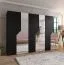 Armoire à portes battantes / 3 portes à miroir / Couleur : Noir / 3 compartiments / 3 tringles à vêtements / Fonction Soft-Close / Poignées : Or / Dimensions : 300 x 52 x 202 cm / Penderie / Chants ABS