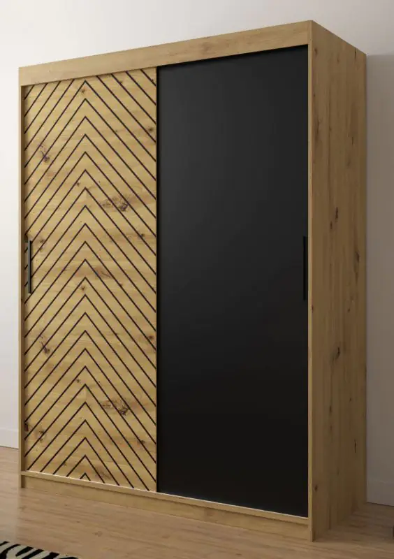 Armoire au design moderne Mulhacen 13, Couleur : Chêne Artisan / Noir mat - Dimensions : 200 x 150 x 62 cm (h x l x p), avec cinq casiers et deux tringles à vêtements