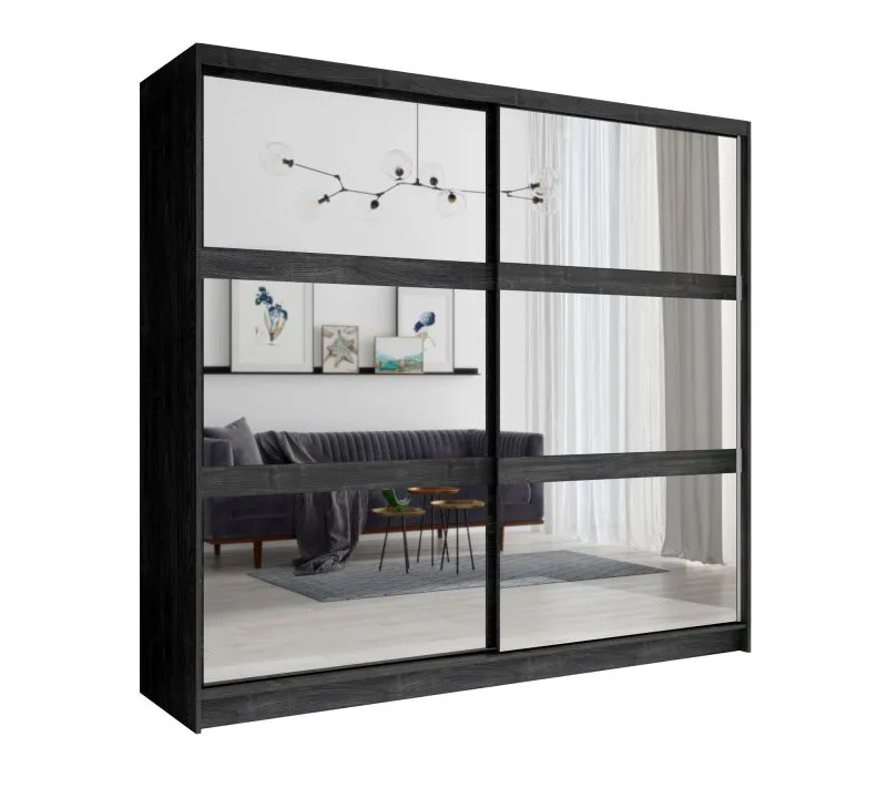 Armoire portes coulissantes miroir | Chêne Wellington | 2,3 m largeur | 2 tringles | 10 compartiments