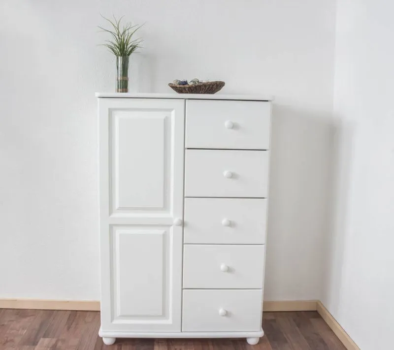 Commode en pin massif laqué blanc | Junco 159 | 123 x 80 x 42 cm | 5 tiroirs, 4 compartiments
