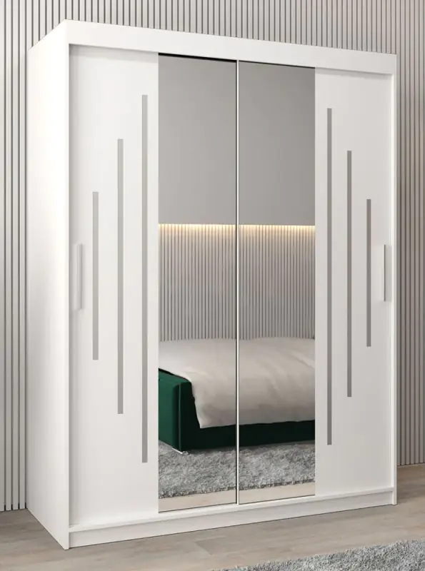 Armoire à portes coulissantes / Penderie avec miroir Tomlis 03A, Couleur : Blanc mat - Dimensions : 200 x 150 x 62 cm (h x l x p)