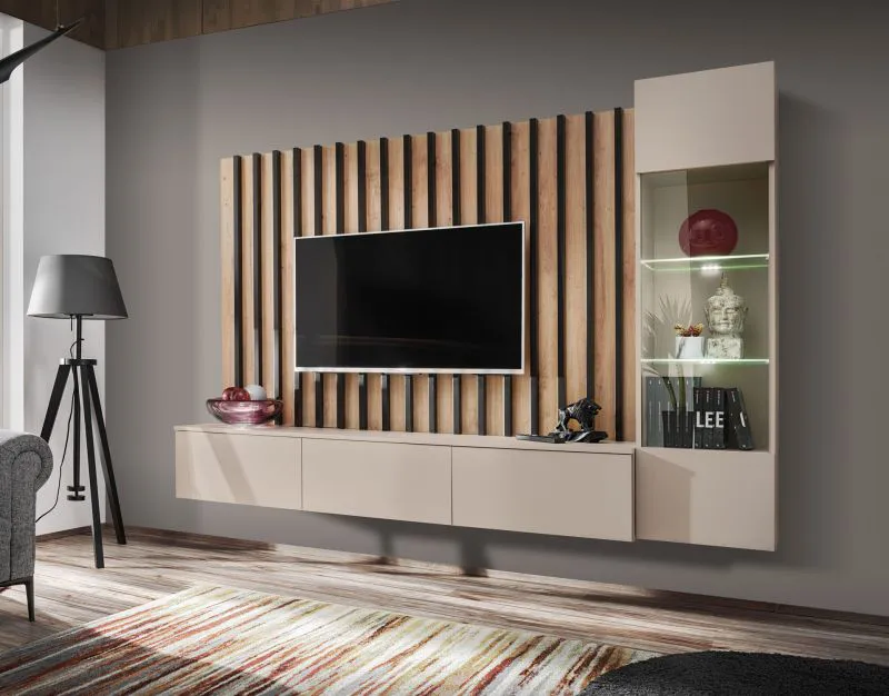 Meuble-paroi / Couleur : Cachemire / Fonction push-to-open / Dimensions : 220 x 35 x 148 cm / 1 meuble TV bas / 1 vitrine / Pour le salon