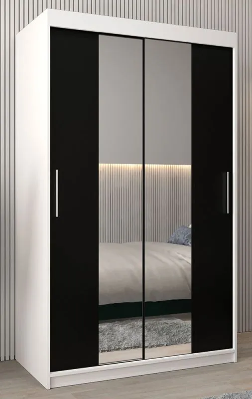 Armoire penderie Bisaurin 2B avec portes coulissantes miroir | Blanc mat / Noir | 200 x 120 x 62 cm