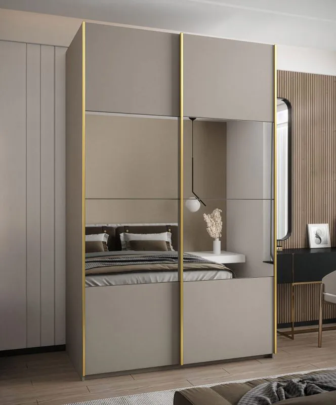 Penderie / Armoire à portes coulissantes / Couleur : Cachemire / 245,5 x 150 x 64 cm / 2 tringles à vêtements / 2 portes coulissantes / Soft-Close / Miroir / 6 compartiments