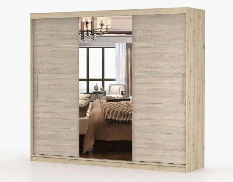 Armoire penderie à portes coulissantes avec miroir | 218 x 233 x 61 cm | Chêne / Artisan | Gorski 74 | 3 portes | 12 compartiments | grande capacité