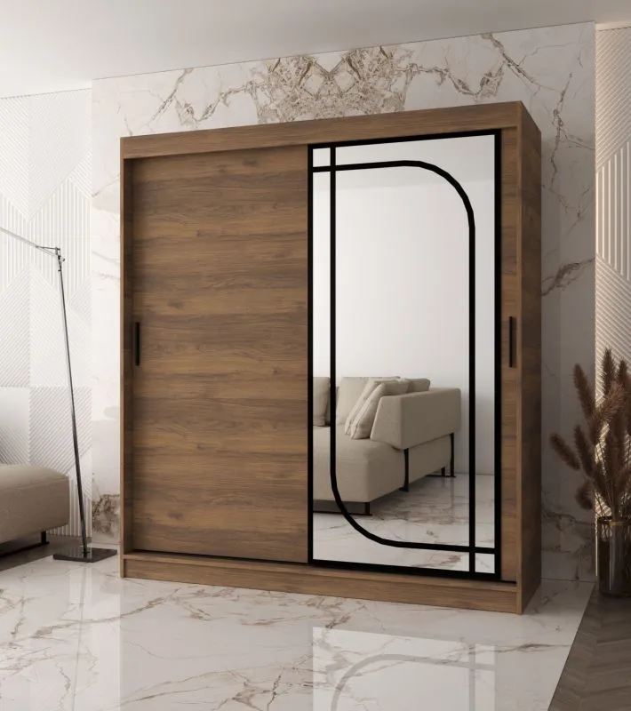Penderie / 10 compartiments / 2 tringles / Couleur : Noyer Warmia / Armoire à portes coulissantes / 180 x 62 x 200 cm / 1 porte miroir / Système de glissières fiable