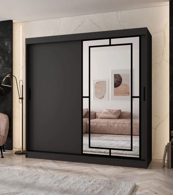 Armoire à portes coulissantes / Penderie à vêtements / Noir mat / 10 compartiments / 2 tringles à vêtements / 200 x 62 x 200 cm / Porte miroir décorative / Pour chambre à coucher