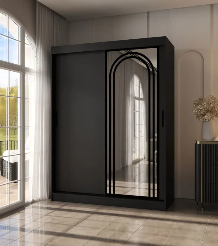 Armoire à portes coulissantes / Penderie à vêtements / Noir mat / 5 compartiments / 2 tringles / 150 x 62 x 200 cm / Finition haut de gamme / Porte miroir