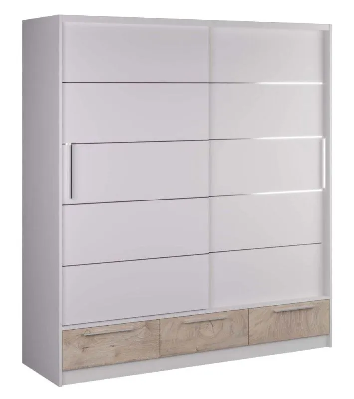 Armoire | 2 portes coulissantes | 3 tiroirs | 5 casiers | avec tringle à vêtements | 200 cm de large | Couleur: Chêne / Blanc Abbildung