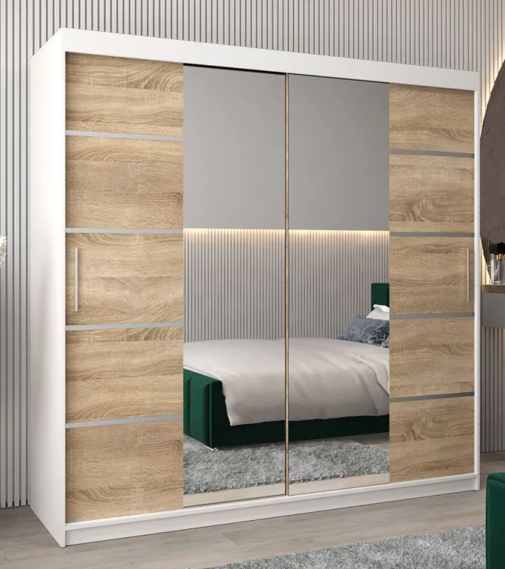 200 cm de large Armoire à portes coulissantes avec 10 casiers et 2 portes | Couleur: Chêne Sonoma  / Blanc | Laminée Abbildung