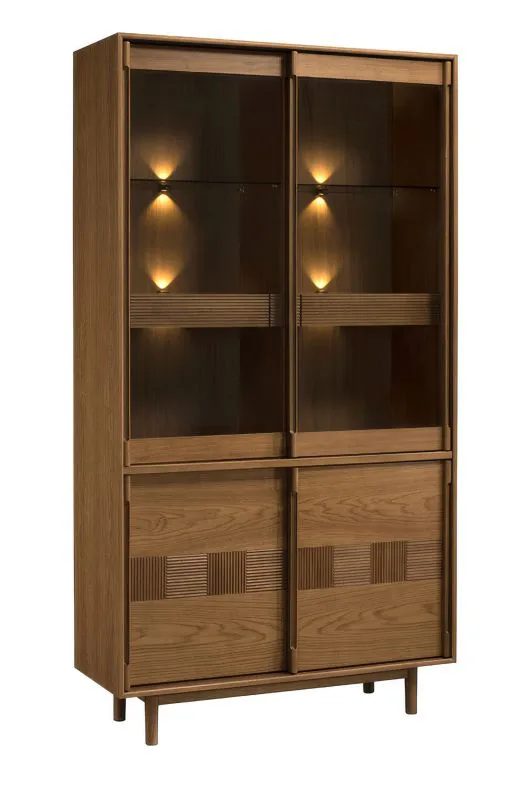 Vitrine / 109 x 43 x 204 cm / Éclairage LED inclus / Chêne caramel / Armoire en verre / 2 tiroirs / 6 étagères / 4 portes / Verre trempé Antisol brun / Inginele 05