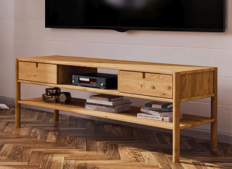 Meuble TV Wellsford 09 | Chêne sauvage massif huilé | 59 x 160 x 46 cm | Design haut de gamme