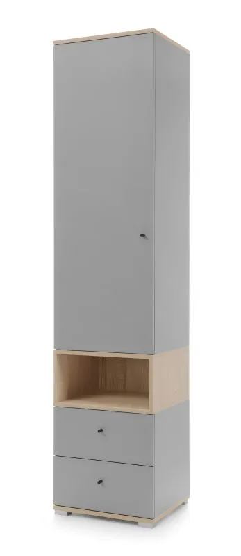 Armoire sobre, 195 x 45 x 40 cm, chêne / gris, avec 1 porte battante, 2 tiroirs et 5 compartiments, armoire de chambre d'adolescent, chants ABS