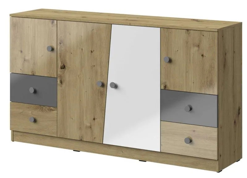 Commode Sirte 06 | Chêne / Blanc / Gris brillant | 90 x 160 x 40 cm | Design moderne et espace optimisé