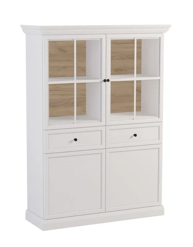 Vitrine Torsakala 09 blanc opale | 161 x 114 x 40 cm | 8 compartiments | LED intégrée | 2 portes vitrées